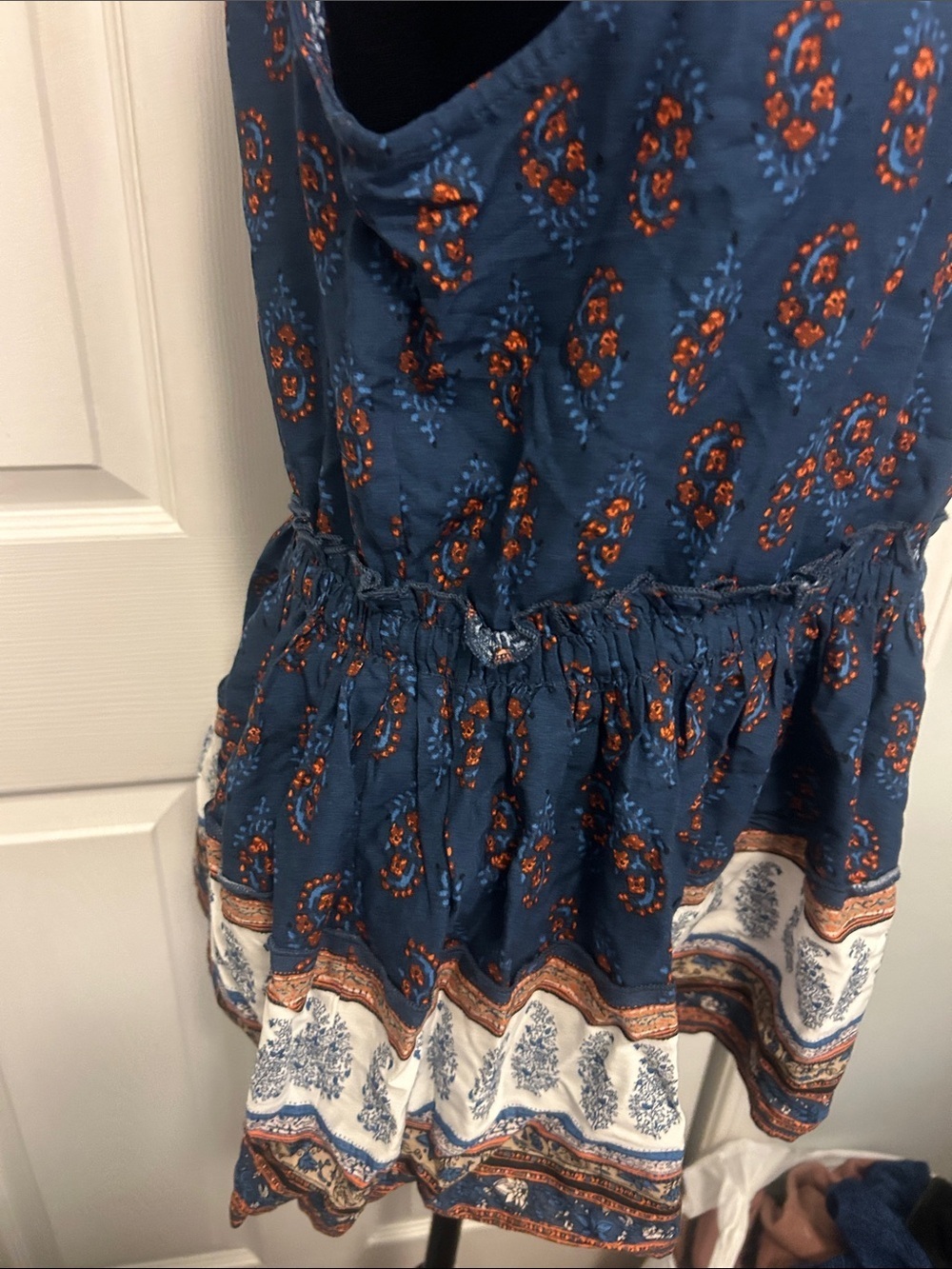 Maurices Navy Sleeveless Lace-Up Peplum Tunic with Rust and Cream Border - Picture 4 of 5